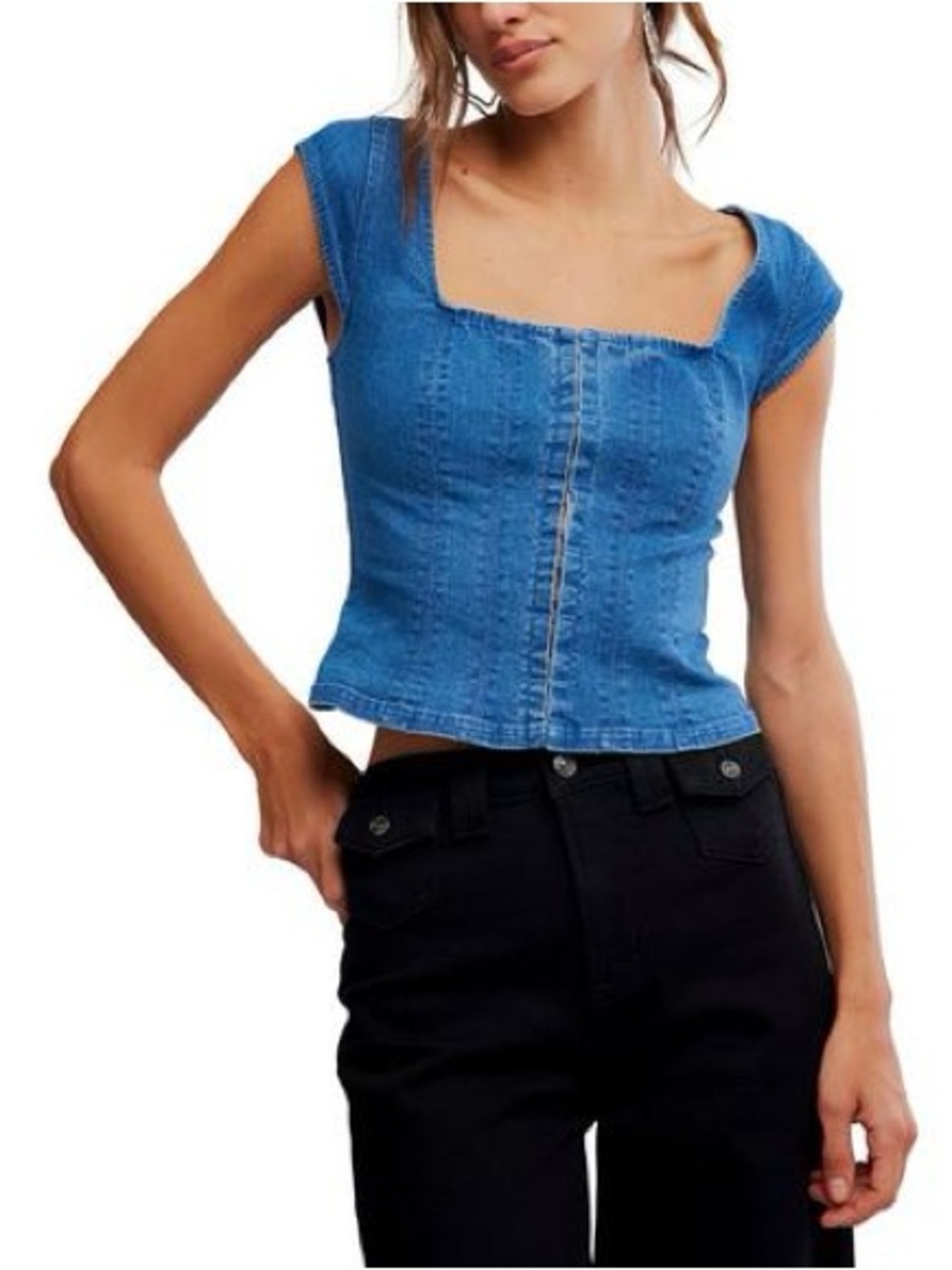 Free People Medium Blue Denim Square-Neck Crop Top